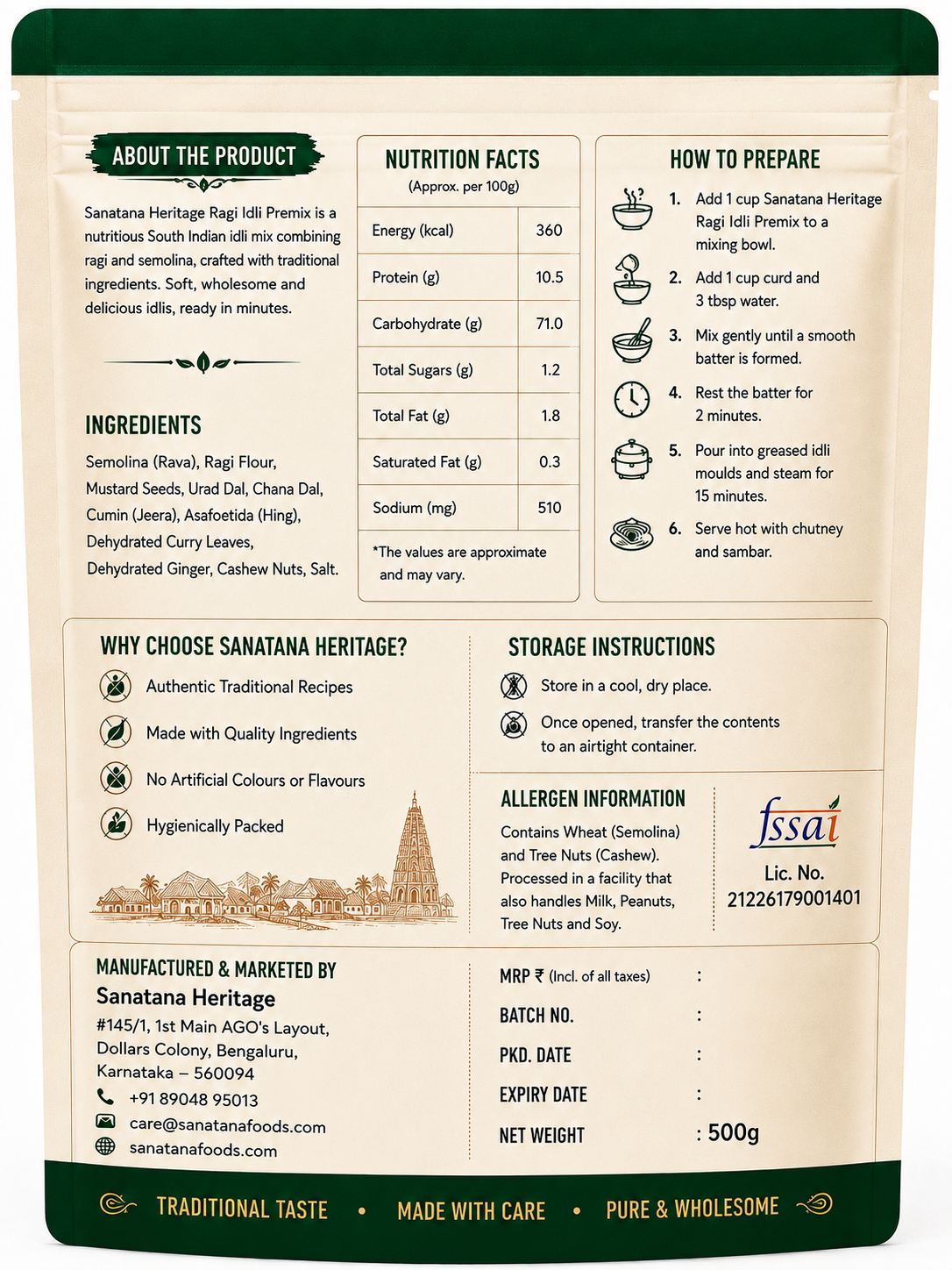 Sanatana Heritage Ragi Idli Premix back label ingredients and preparation